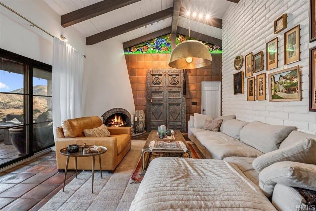 Fireplace, Interior, Living room, Pendant Lights, Stone Walls, Wooden Beams
