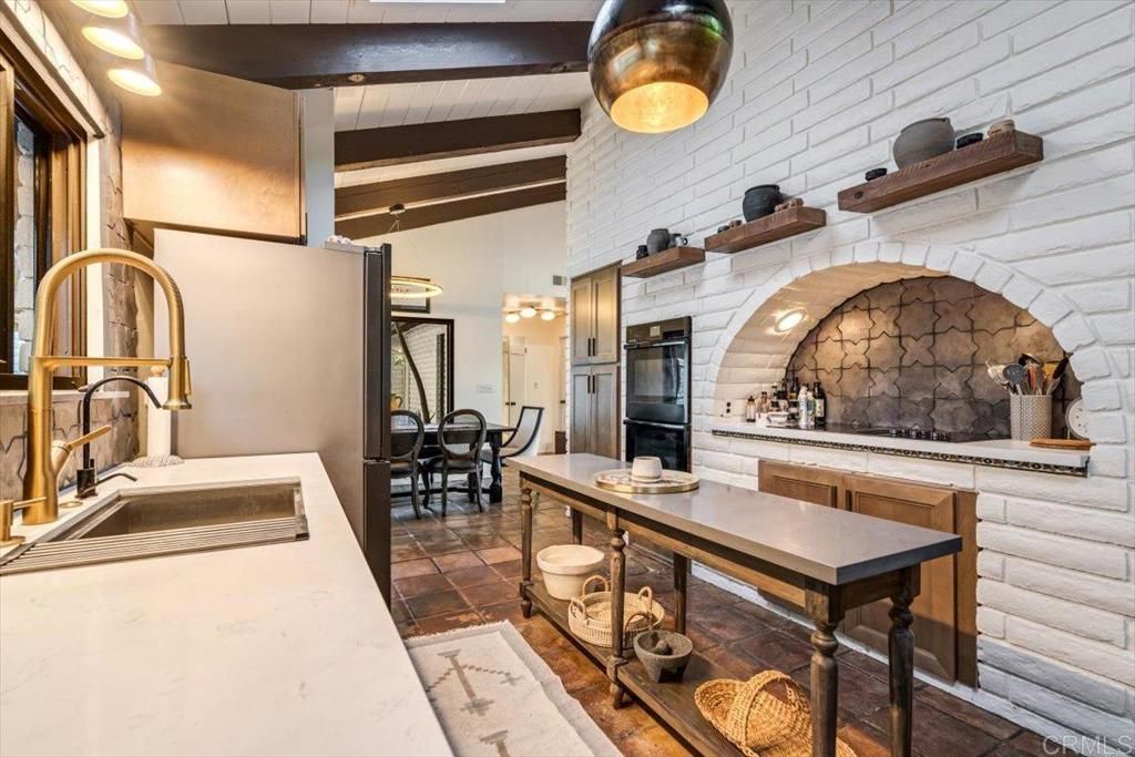 Dining room, Interior, Kitchen, Recessed Lighting, Stone Walls, Wooden Beams