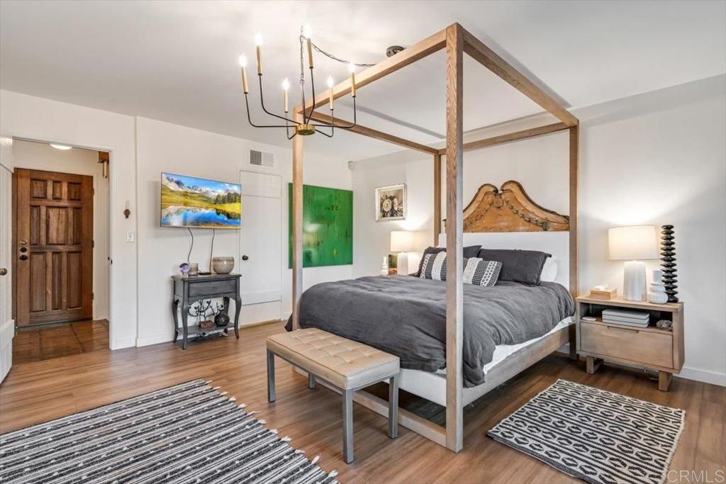 Bedroom, Chandelier, Interior, Wood Texture Flooring