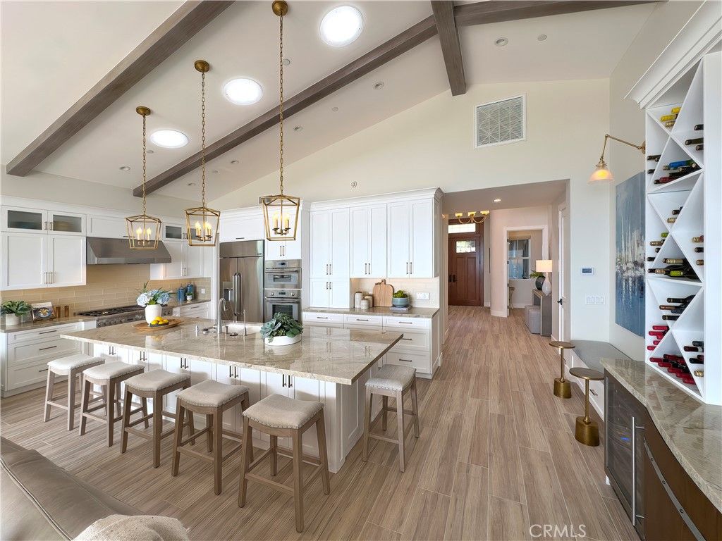 Interior, Kitchen, Pendant Lights, Recessed Lighting, Stainless Steel Appliances, Wooden Beams, Wood Texture Flooring