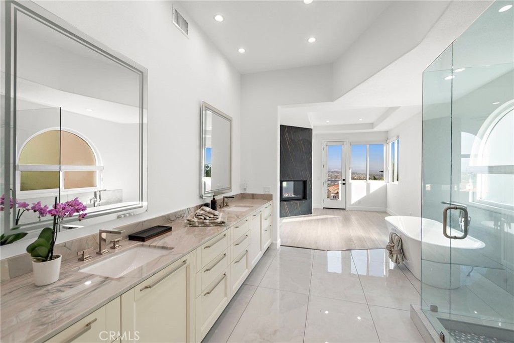 Bathroom, Dual Sink Vanities, Fireplace, Glass Shower, Interior, Recessed Lighting