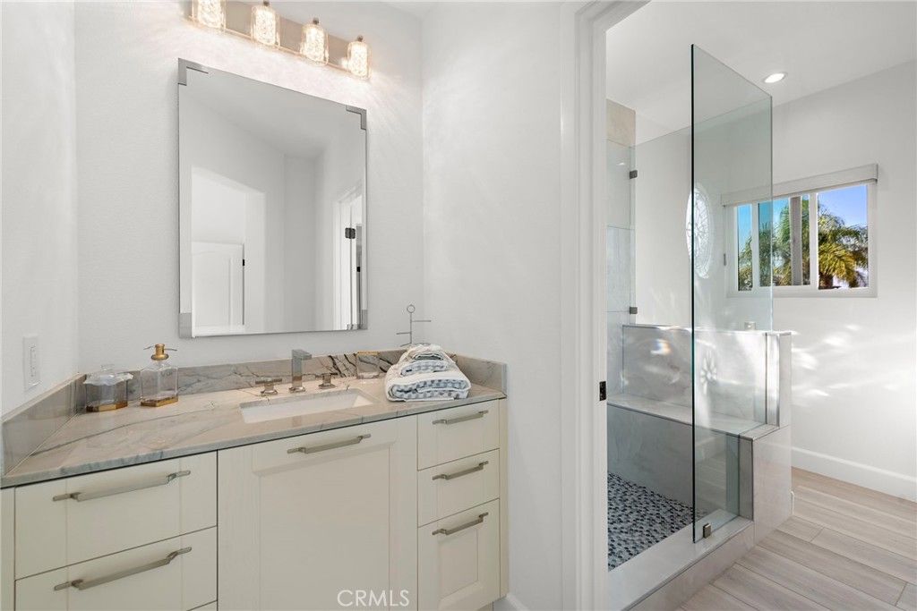 Bathroom, Glass Shower, Interior, Recessed Lighting, Wood Texture Flooring