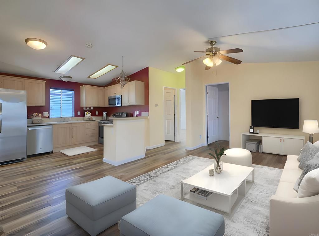 Interior, Kitchen, Living room, Stainless Steel Appliances, Wood Texture Flooring