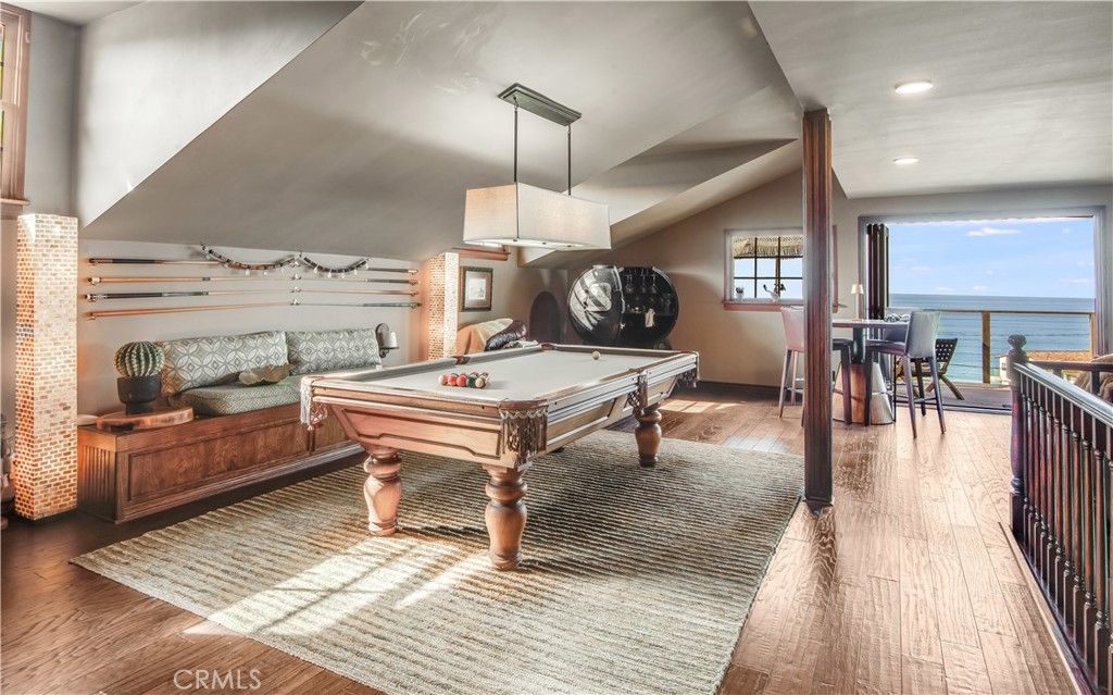 Billiard Table, Game Room, Interior, Pendant Lights, Recessed Lighting, Water, Wood Texture Flooring