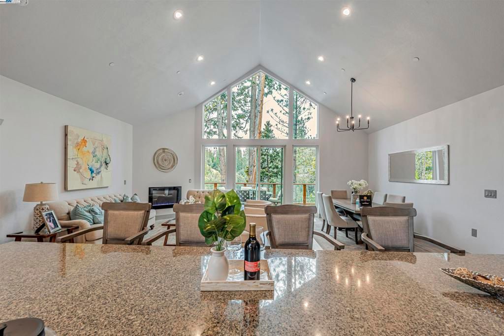 Chandelier, Dining room, Fireplace, Interior, Living room, Recessed Lighting