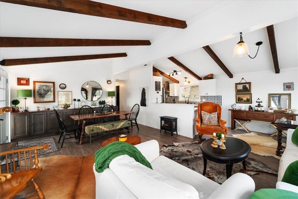 Dining room, Interior, Living room, Pendant Lights, Wooden Beams, Wood Texture Flooring
