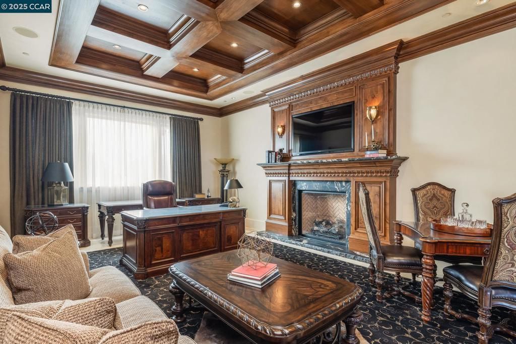 Fireplace, Home Office, Interior, Recessed Lighting, Wooden Beams, Wooden Ceilings
