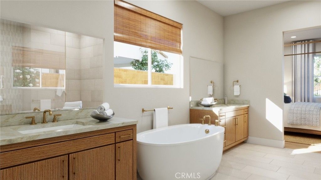 Bathroom, Dual Sink Vanities, Free Standing Baths, Interior, Recessed Lighting, Wood Texture Flooring