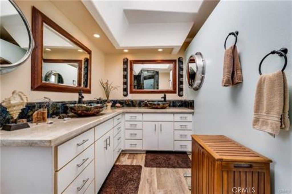 Bathroom, Dual Sink Vanities, Interior, Recessed Lighting, Wood Texture Flooring