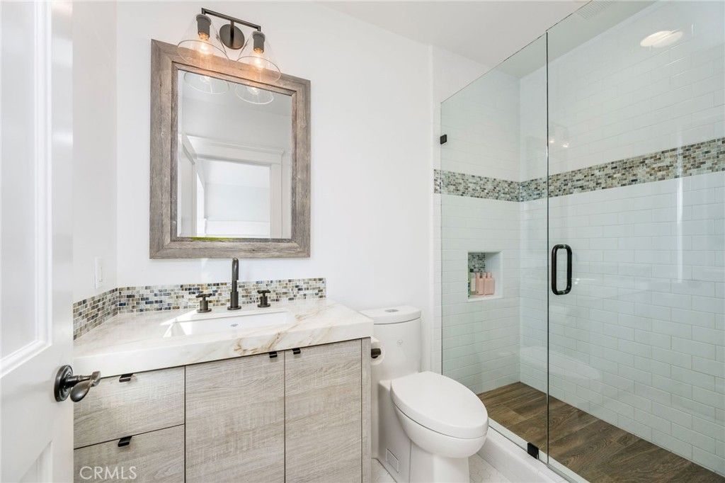 Bathroom, Glass Shower, Interior, Recessed Lighting, Wood Texture Flooring