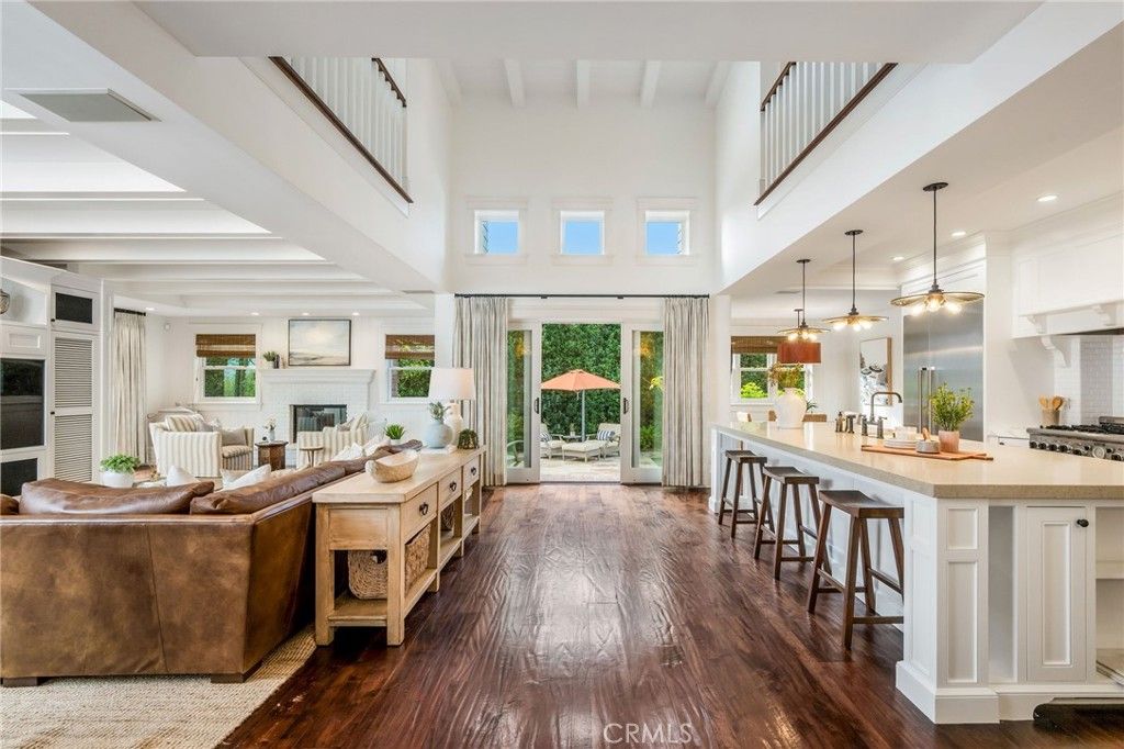 Fireplace, Interior, Kitchen, Living room, Pendant Lights, Recessed Lighting, Wood Texture Flooring