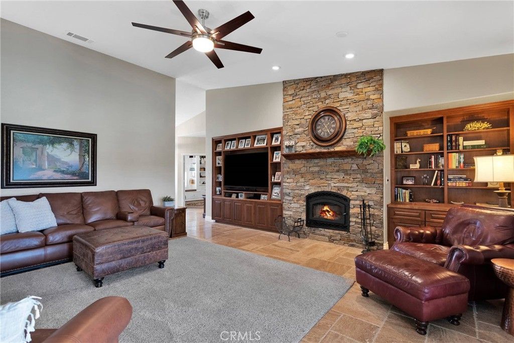Fireplace, Interior, Living room, Recessed Lighting, Stone Walls