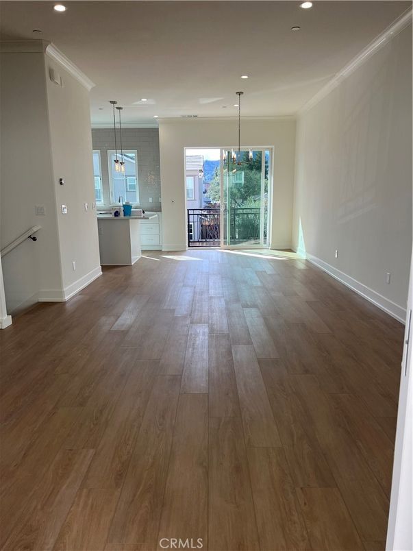 Empty room, Interior, Kitchen, Pendant Lights, Recessed Lighting, Wood Texture Flooring