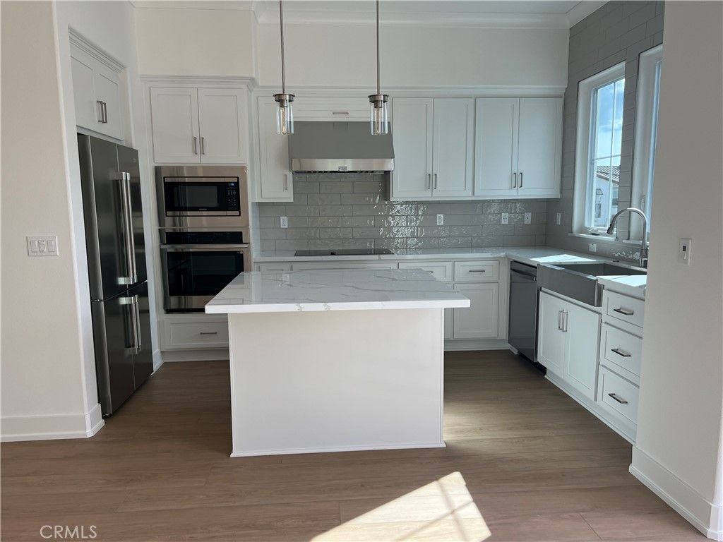 Interior, Kitchen, Pendant Lights, Stainless Steel Appliances, Wood Texture Flooring