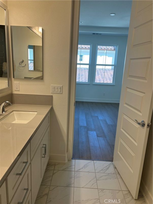 Bathroom, Interior, Marble, Recessed Lighting, Wood Texture Flooring