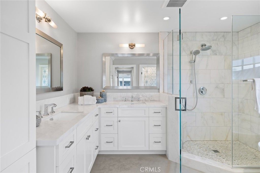 Bathroom, Dual Sink Vanities, Glass Shower, Interior, Marble Walls, Recessed Lighting