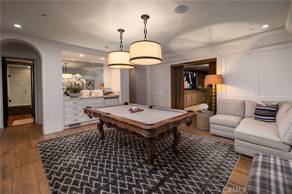 Billiard Table, Game Room, Interior, Pendant Lights, Recessed Lighting, Wood Texture Flooring