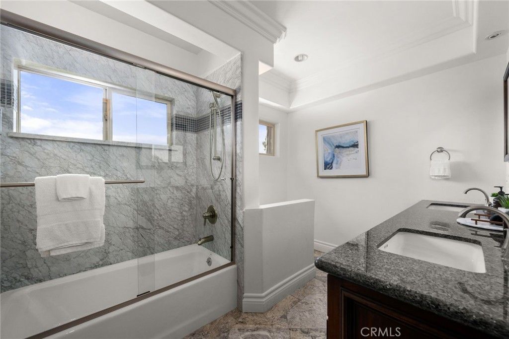 Bathroom, Dual Sink Vanities, Glass Shower, Interior, Marble Walls, Recessed Lighting
