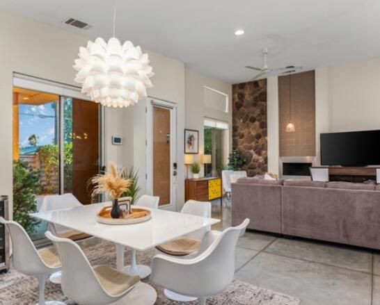 Chandelier, Dining room, Fireplace, Interior, Living room, Recessed Lighting, Stone Walls