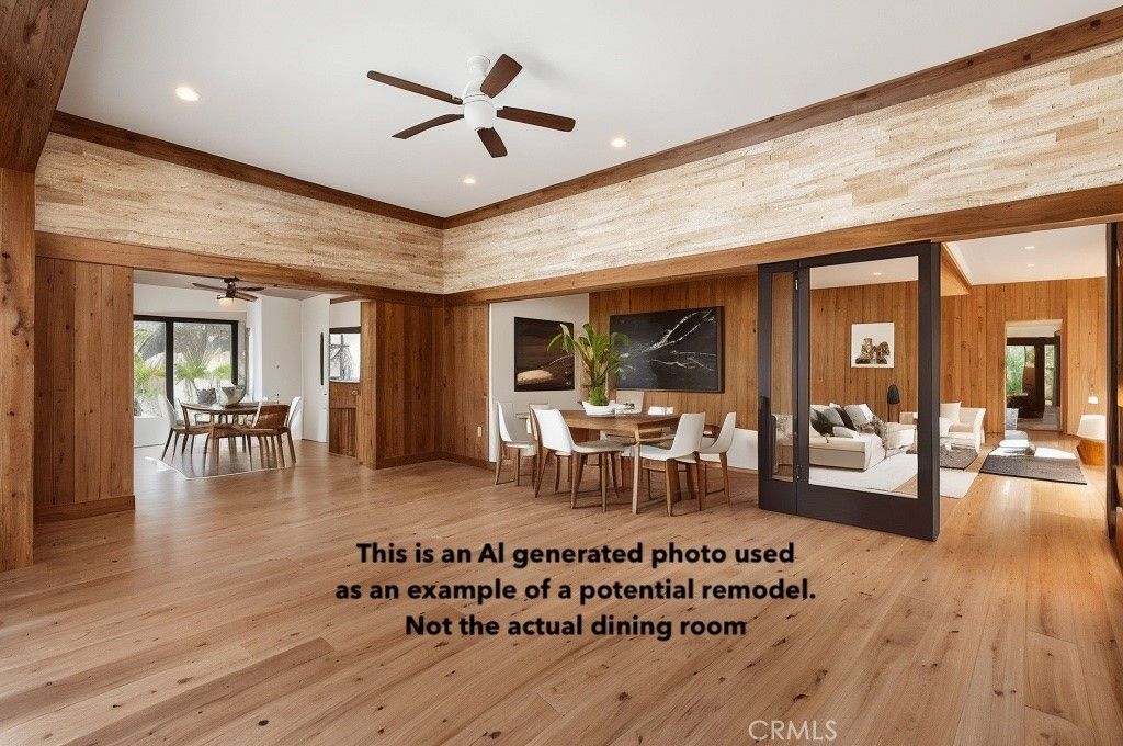 Dining room, Interior, Living room, Recessed Lighting, Wood Texture Flooring, Wooden Walls