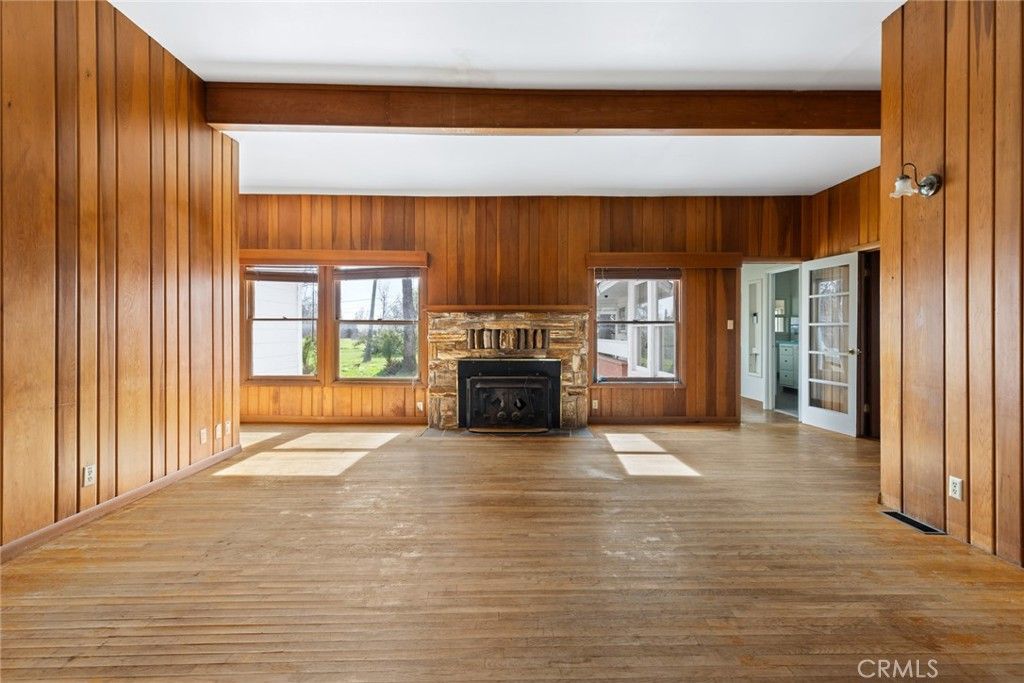Empty room, Fireplace, Interior, Wooden Beams, Wood Texture Flooring, Wooden Walls