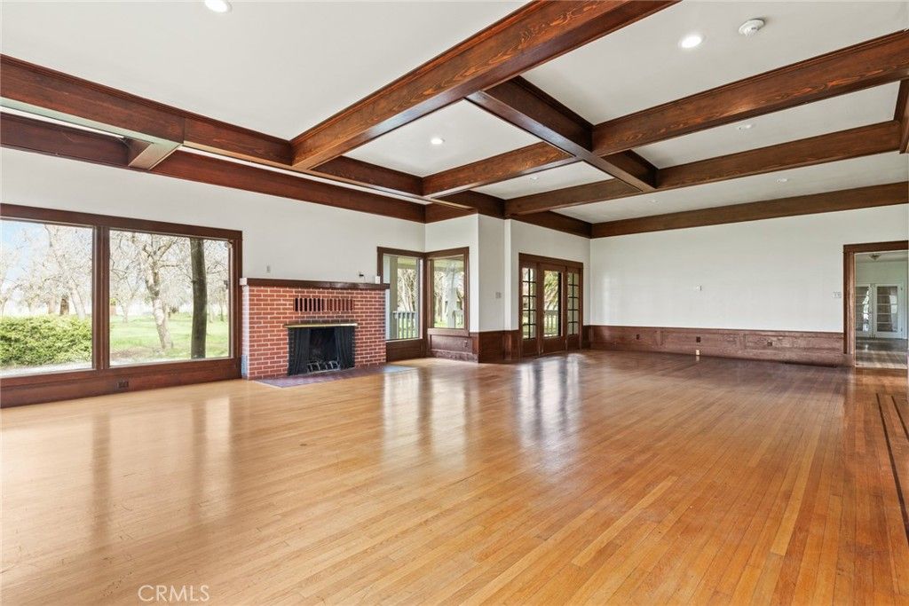 Empty room, Fireplace, Interior, Recessed Lighting, Wooden Beams, Wood Texture Flooring