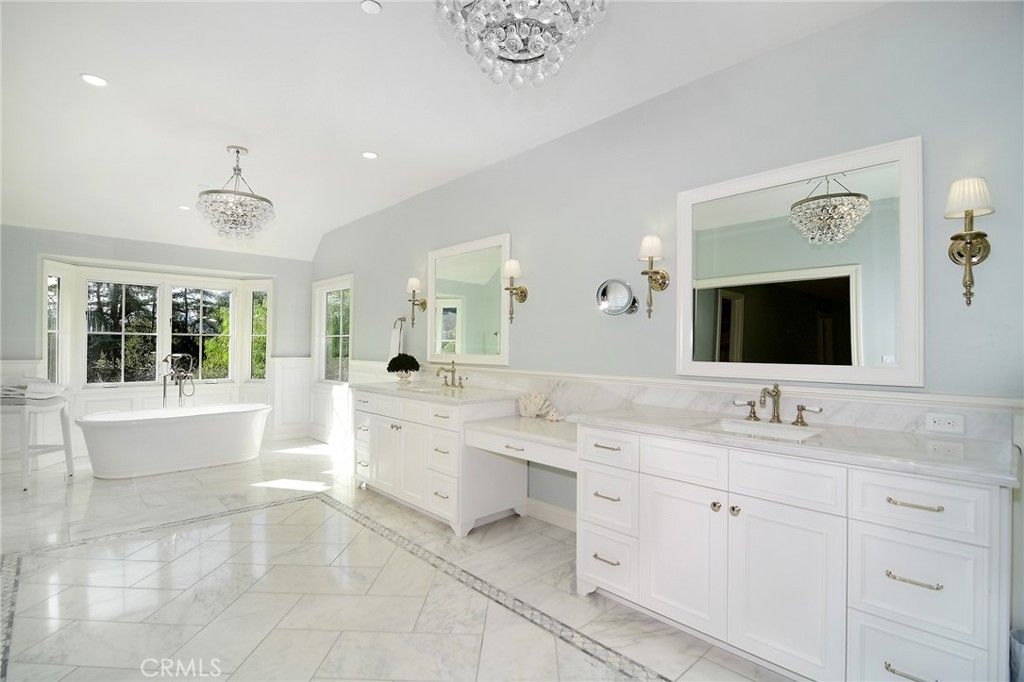 Bathroom, Chandelier, Dual Sink Vanities, Free Standing Baths, Interior, Marble, Recessed Lighting