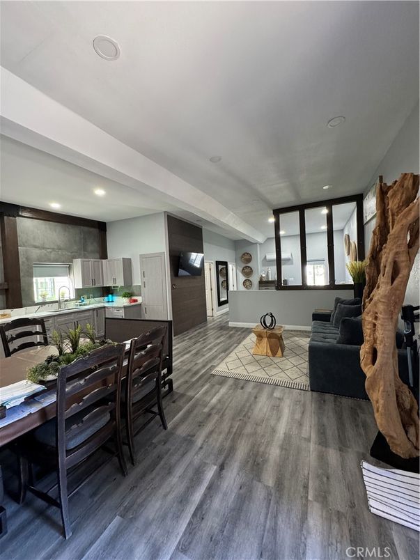 Dining room, Interior, Kitchen, Living room, Recessed Lighting, Wood Texture Flooring