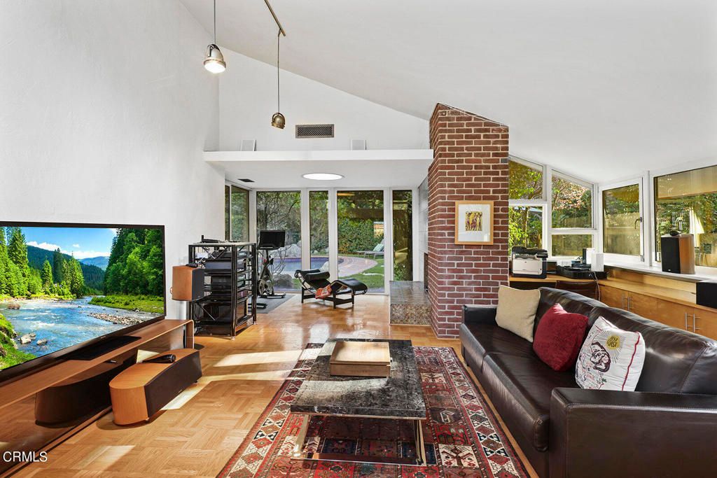 Fireplace, Interior, Living room, Pendant Lights, Stone Walls, Wood Texture Flooring