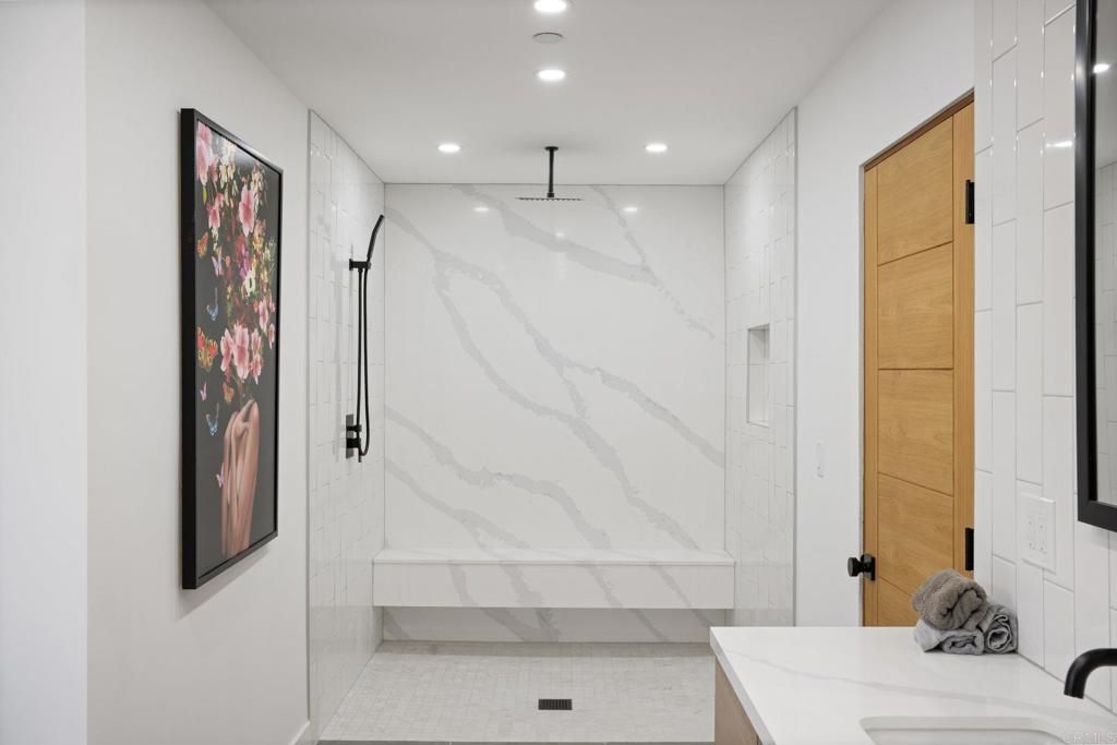 Bathroom, Glass Shower, Interior, Marble Walls, Recessed Lighting