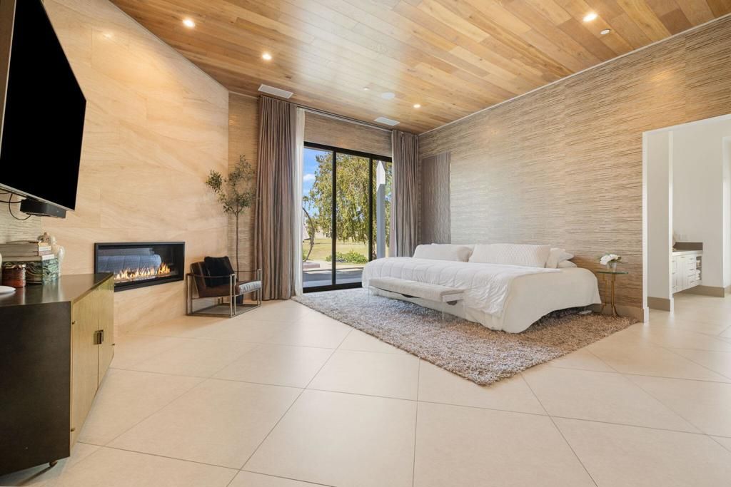 Bedroom, Fireplace, Interior, Recessed Lighting, Wooden Ceilings