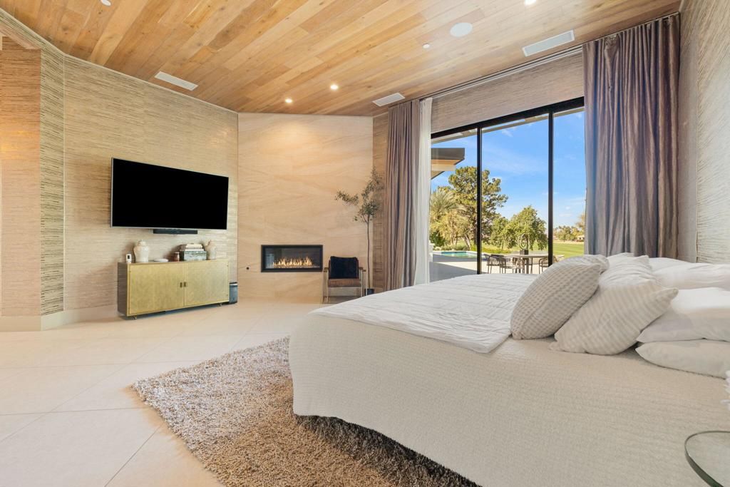Bedroom, Fireplace, Interior, Recessed Lighting, Wooden Ceilings