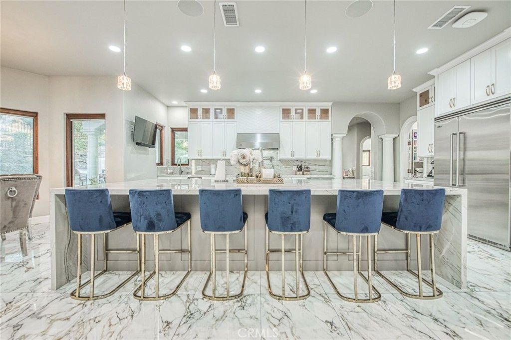 Interior, Kitchen, Marble, Pendant Lights, Recessed Lighting, Stainless Steel Appliances