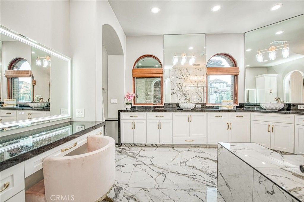 Bathroom, Dual Sink Vanities, Free Standing Baths, Interior, Marble, Marble Walls, Recessed Lighting