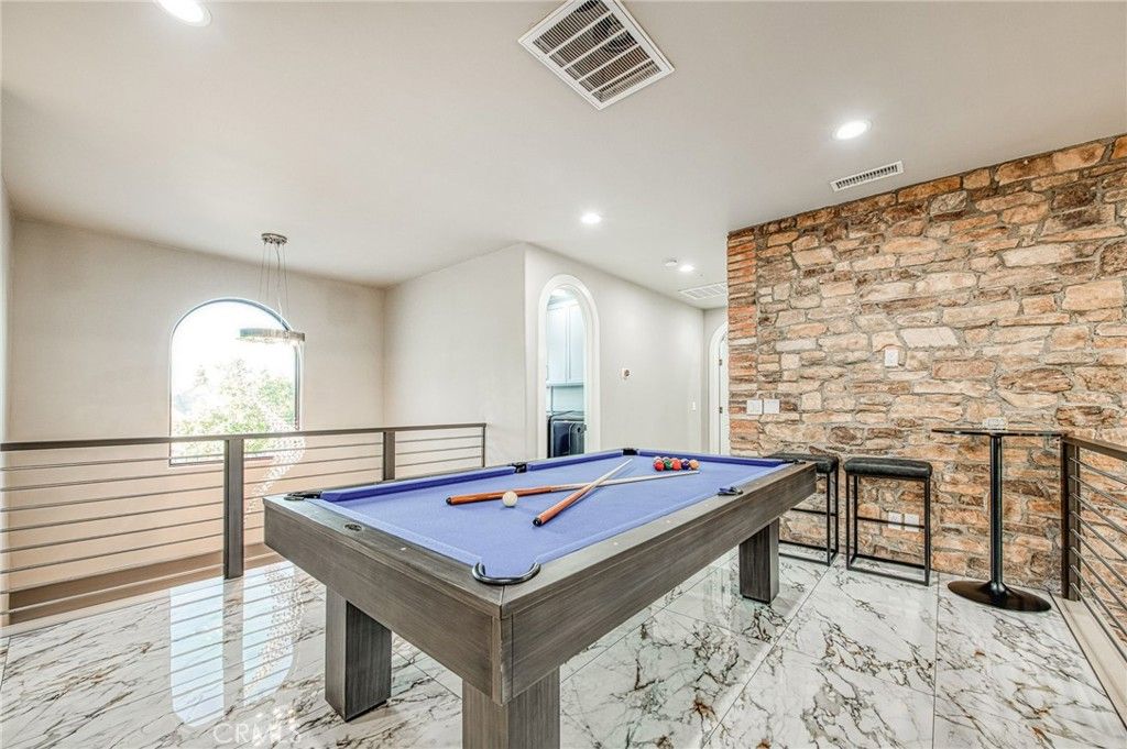 Billiard Table, Game Room, Interior, Marble, Pendant Lights, Recessed Lighting, Stone Walls