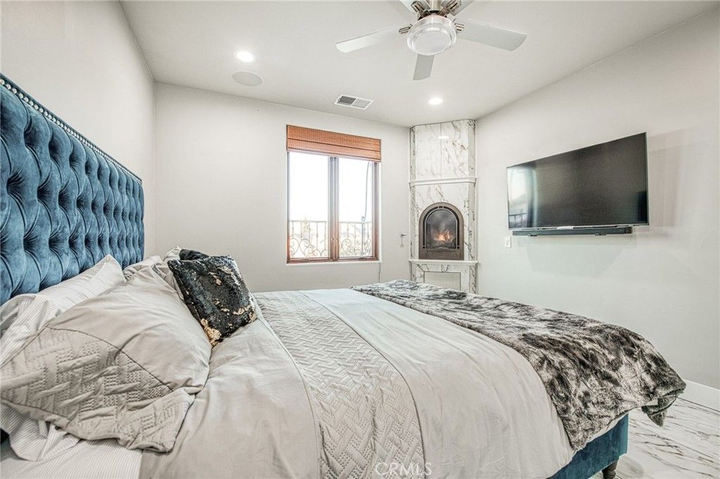Bedroom, Fireplace, Interior, Marble, Recessed Lighting