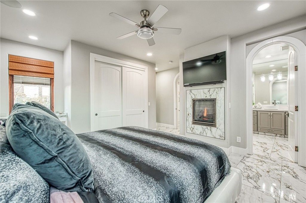 Bedroom, Fireplace, Interior, Marble, Recessed Lighting