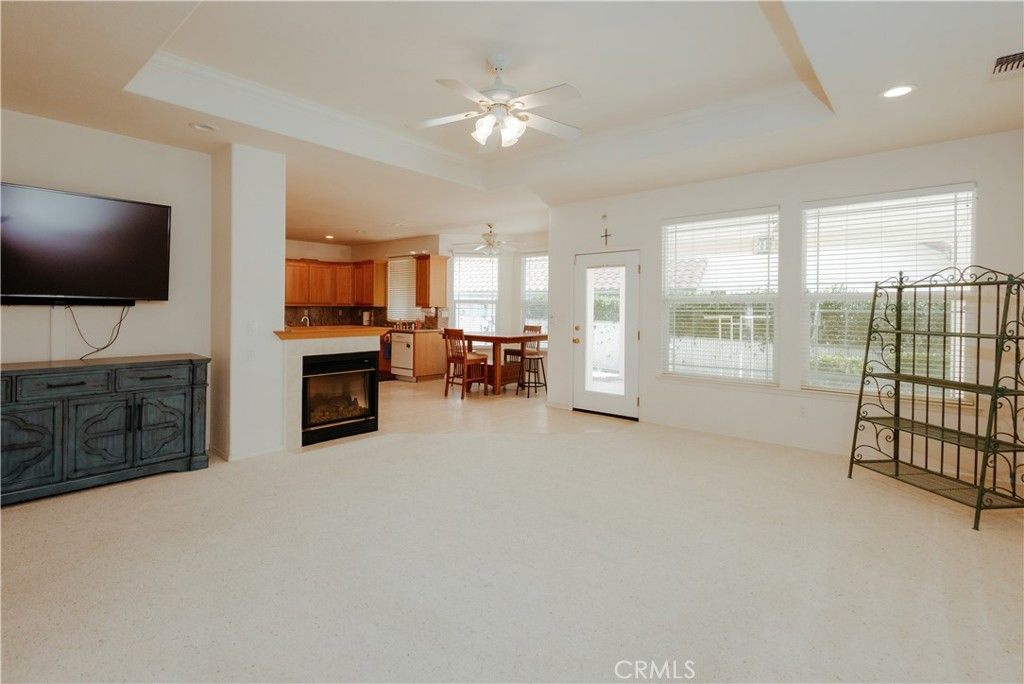 Dining room, Empty room, Fireplace, Interior, Kitchen, Recessed Lighting