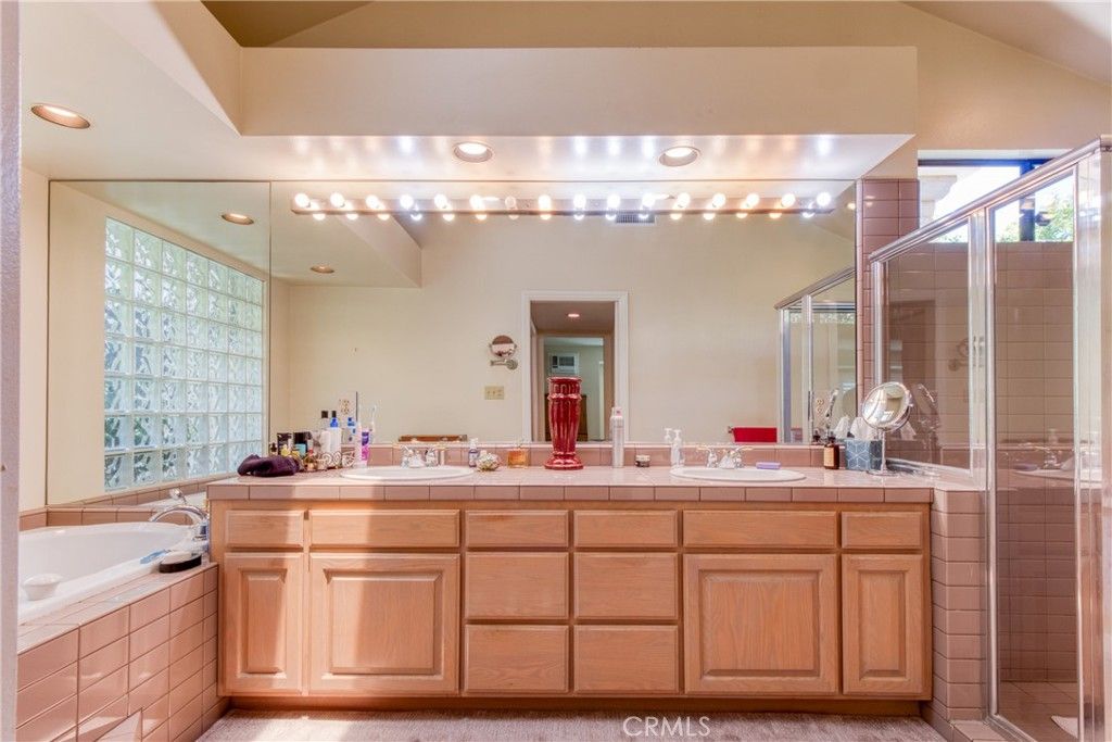 Bathroom, Dual Sink Vanities, Glass Shower, Interior, Recessed Lighting, Tile Countertops