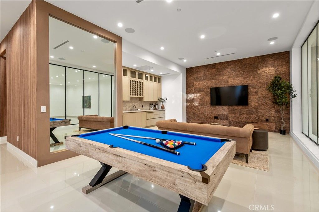 Billiard Table, Game Room, Interior, Recessed Lighting, Stone Walls