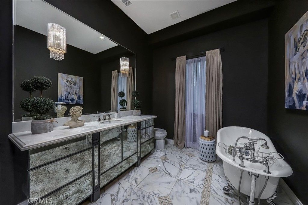Bathroom, Chandelier, Dual Sink Vanities, Free Standing Baths, Interior, Marble, Recessed Lighting