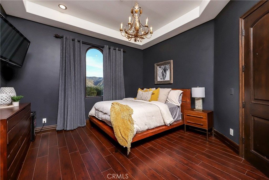 Bedroom, Chandelier, Interior, Recessed Lighting, Wood Texture Flooring