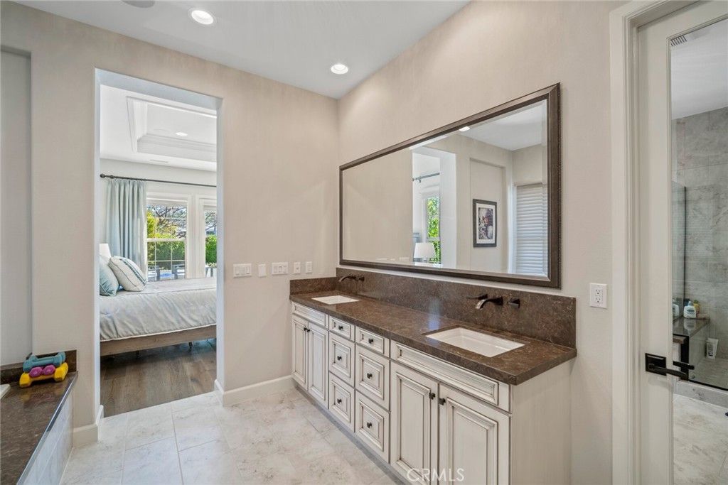 Bathroom, Bedroom, Dual Sink Vanities, Interior, Recessed Lighting, Wood Texture Flooring