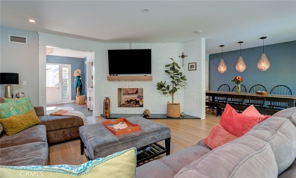 Dining room, Fireplace, Interior, Living room, Pendant Lights, Recessed Lighting, Stone Walls, Wood Texture Flooring