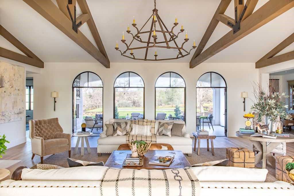 Chandelier, Interior, Living room, Wooden Beams, Wood Texture Flooring
