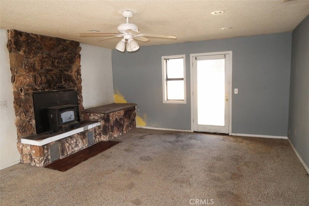 Empty room, Fireplace, Interior, Recessed Lighting, Stone Walls