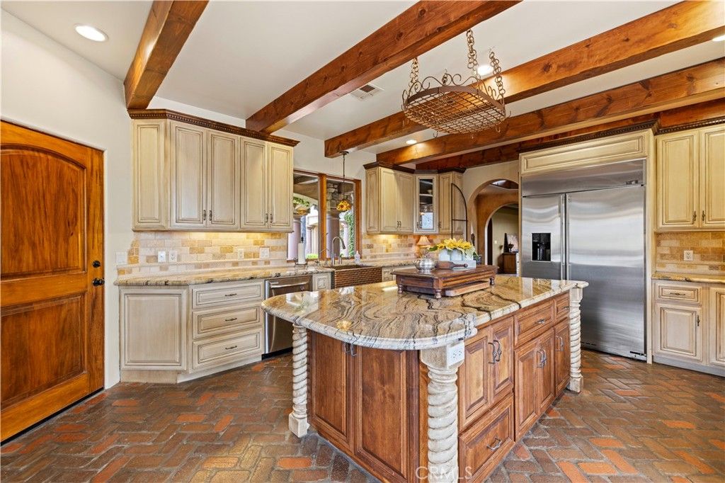 Chandelier, Interior, Kitchen, Recessed Lighting, Stainless Steel Appliances, Wooden Beams