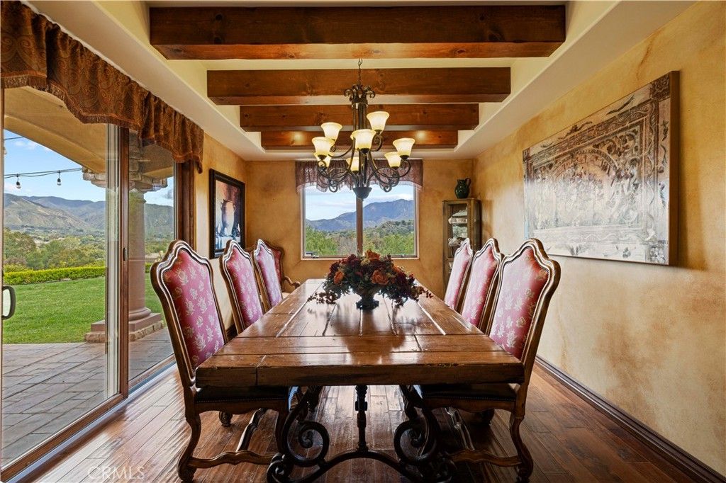 Chandelier, Dining room, Interior, Wooden Beams, Wood Texture Flooring