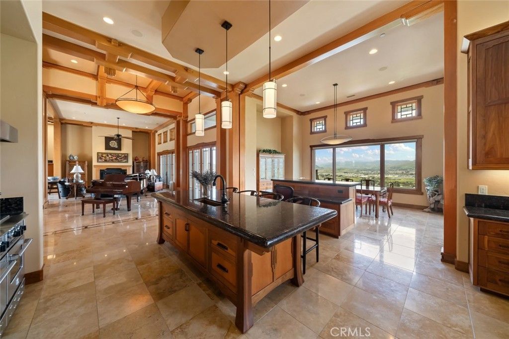 Dining room, Interior, Kitchen, Living room, Pendant Lights, Piano, Recessed Lighting, Wooden Beams