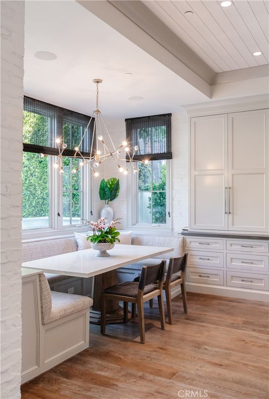 Dining room, Interior, Pendant Lights, Recessed Lighting, Wood Texture Flooring